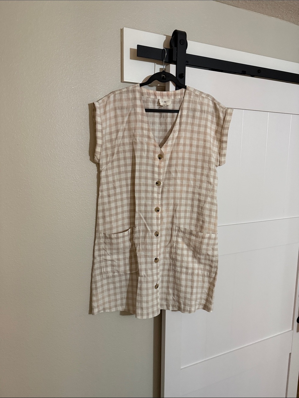 Lou & Grey Beige and Cream Gingham Button Mini Dress 100%Linen